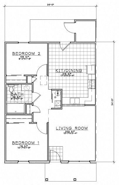 Floor plan for 2 beds, 1 bath, 860 sqft