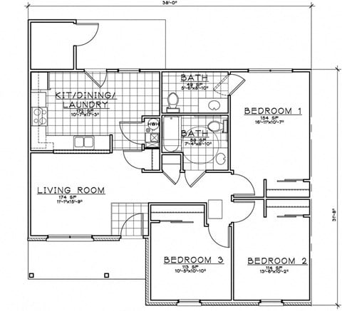 Floor plan for 3 beds, 1.5 baths, 1010 sqft