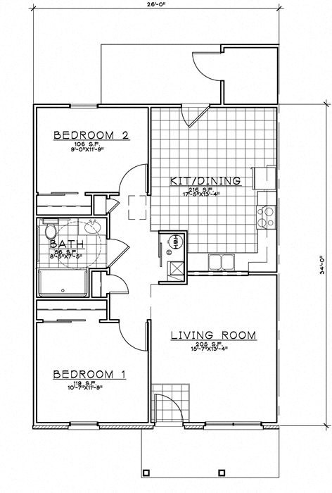Floor plan for 2 beds, 1 bath, 860 sqft