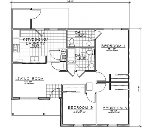 Floor plan for 3 beds, 1.5 baths, 1010 sqft