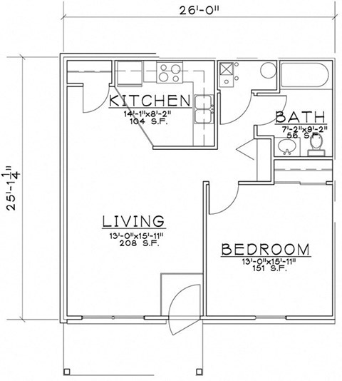 Floor plan for 1 bed, 1 bath, 659 sqft