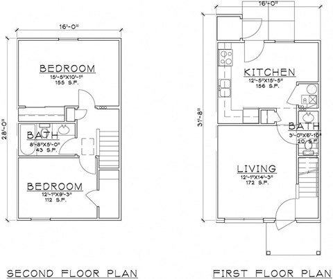 Floor plan for 2 beds, 1.5 baths, 912 sqft