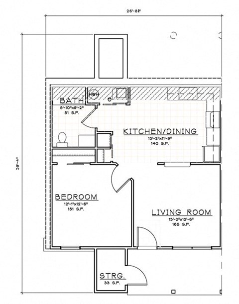 Floor plan for 1 bed, 1 bath, 918 sqft