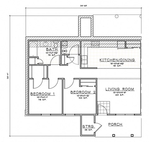 Floor plan for 2 beds, 1 bath, 1179 sqft