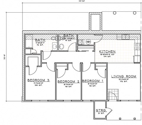 Floor plan for 3 beds, 1.5 baths, 1364 sqft