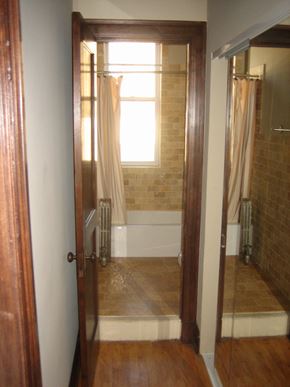 Chicago apartment for rent - a bathroom with a shower and a window in it