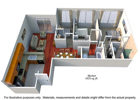 Floor plan for 3 beds, 2 baths, 1125 sqft