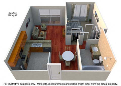 Floor plan for 1 bed, 1 bath, 800 sqft