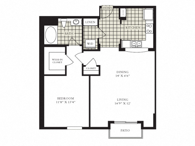 Floor plan for 1 bed, 1 bath, 941 sqft