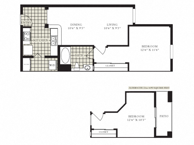 Floor plan for 1 bed, 1 bath, 693 sqft