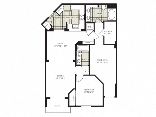 Floor plan for 2 beds, 2 baths, 1230 sqft