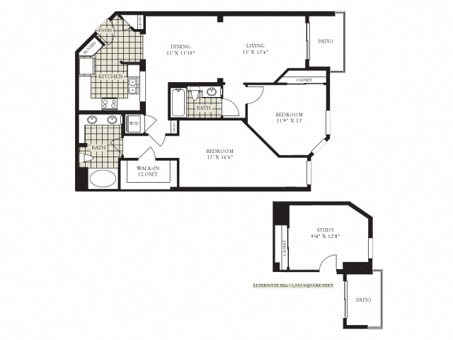 Floor plan for 2 beds, 2 baths, 1355 sqft