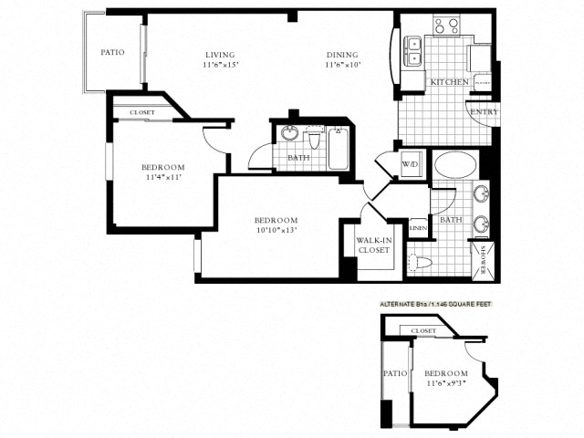 Floor plan for 2 beds, 2 baths, 1146 sqft