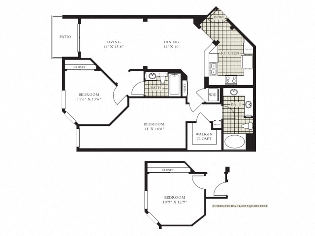 Floor plan for 2 beds, 2 baths, 1209 sqft
