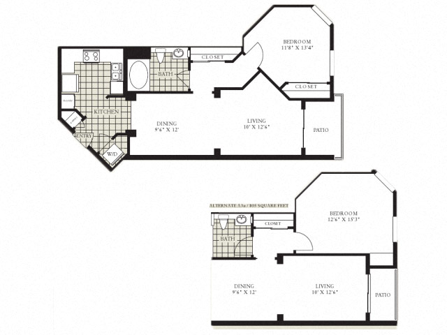 Floor plan for 1 bed, 1 bath, 805 sqft
