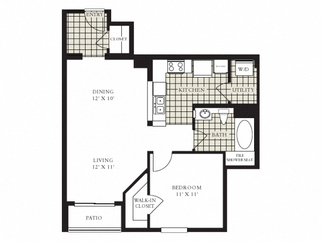 Floor plan for 1 bed, 1 bath, 792 sqft