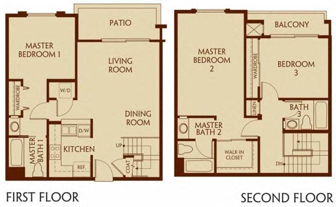 Floor plan for 3 beds, 3 baths, 1418 sqft