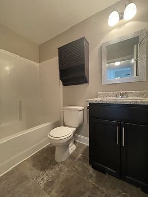 Oak Grove house for rent - A white toilet in a bathroom with a black cabinet and a mirror above it.