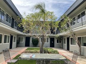 San Diego apartment for rent - A courtyard with a tree and chairs.