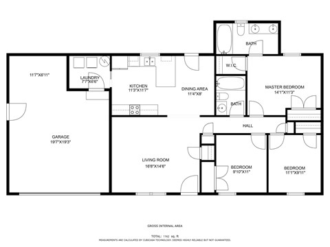 Floor plan for 3 beds, 2 baths, 1268 sqft
