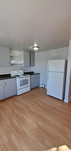 Pictou apartment for rent - A kitchen with a white fridge and wooden floors.