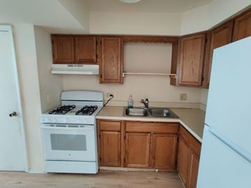 Wood Dale apartment for rent - A white stove and sink in a kitchen with wooden cabinets.