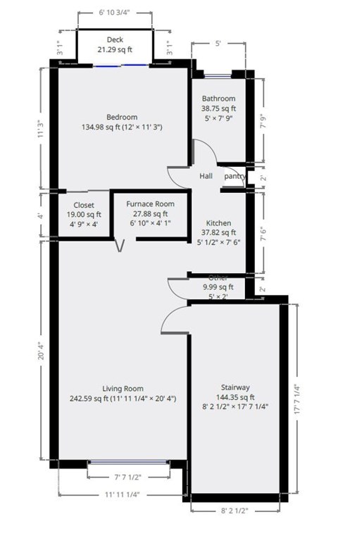 Floor plan for 1 bed, 1 bath, 625 sqft