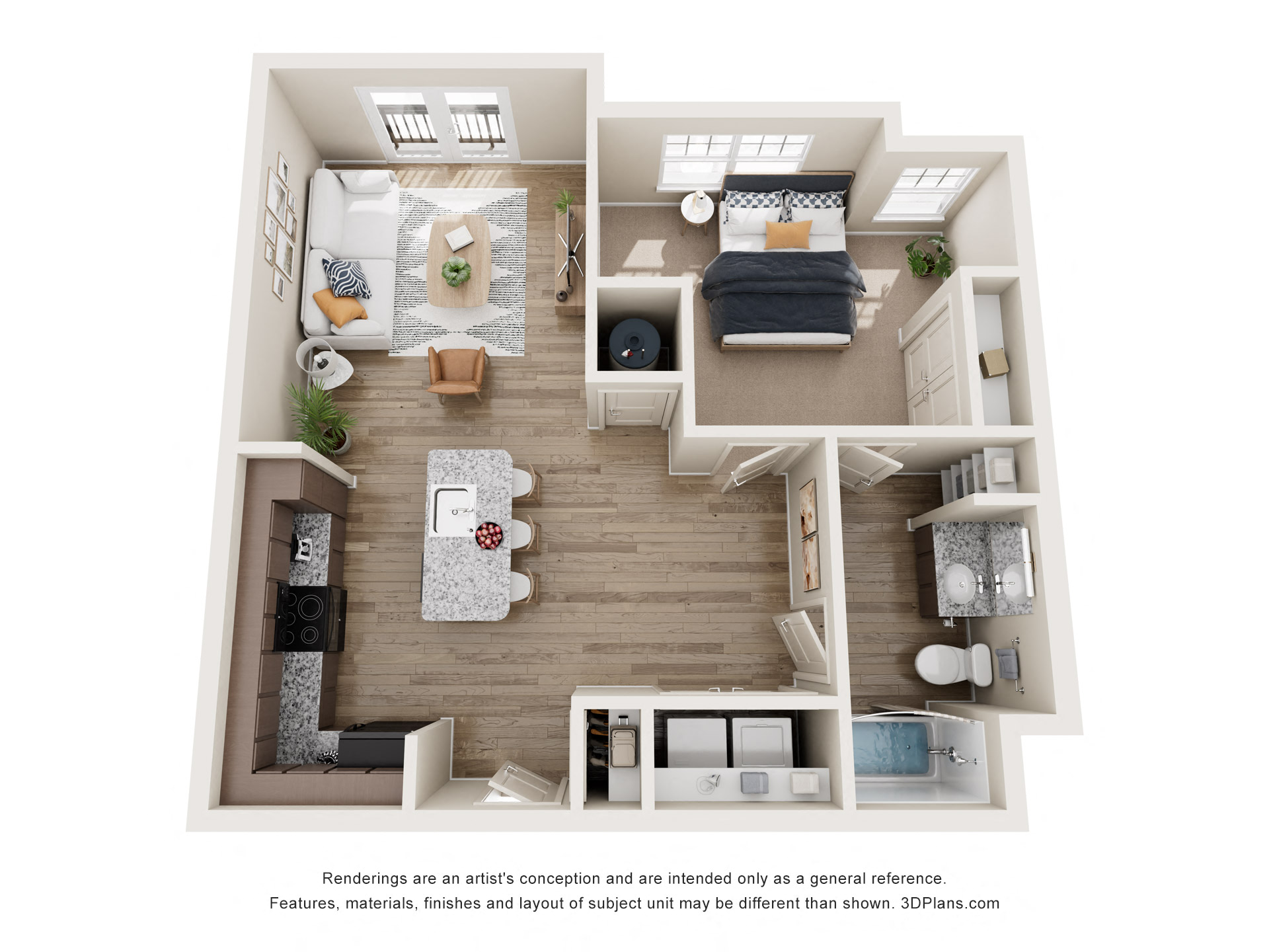 Floor plan for 1 bed, 1 bath, 716 sqft