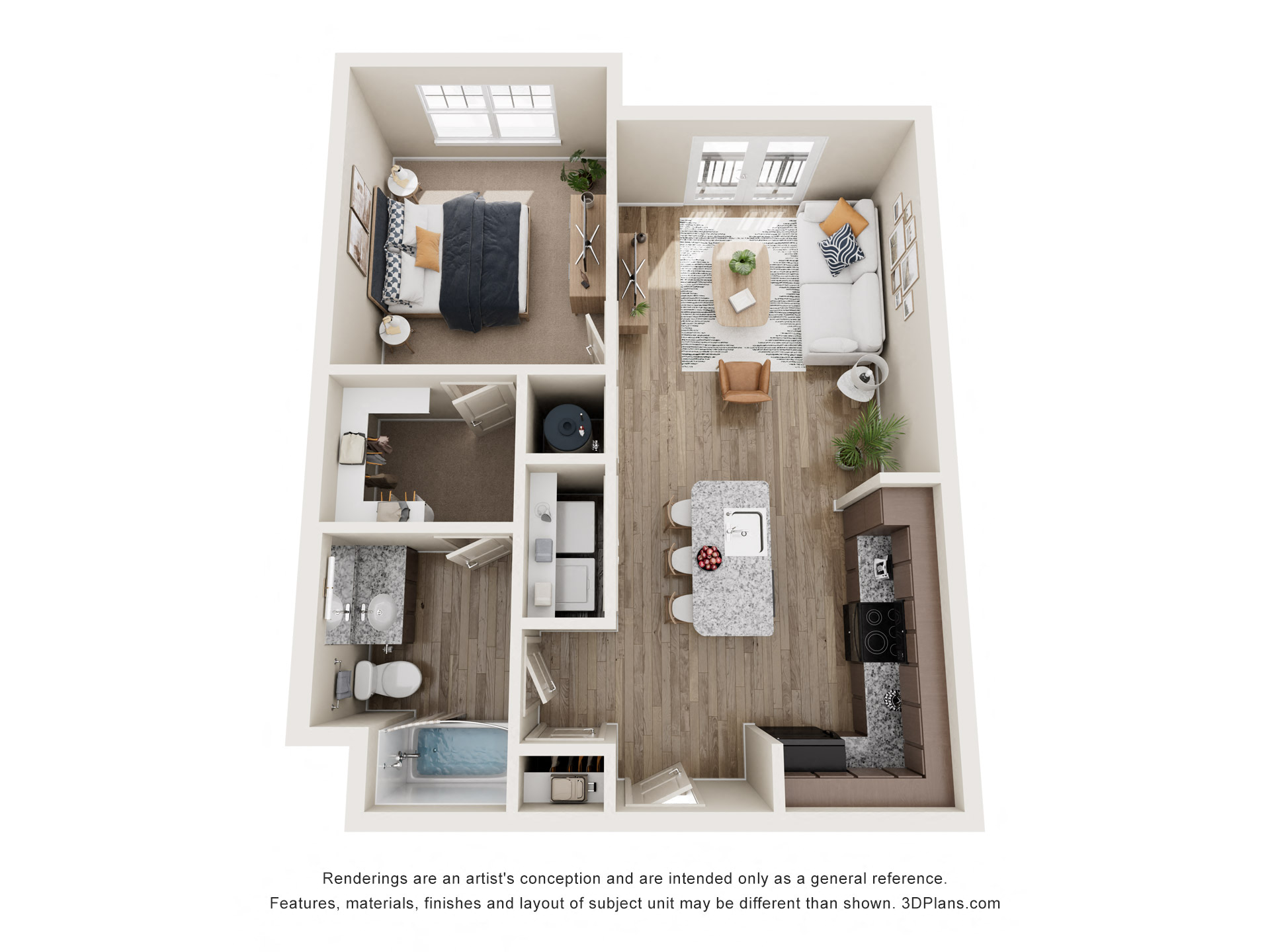 Floor plan for 1 bed, 1 bath, 754 sqft