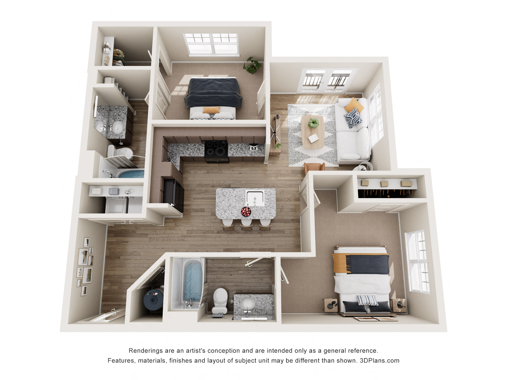 Floor plan for 2 beds, 2 baths, 951 sqft