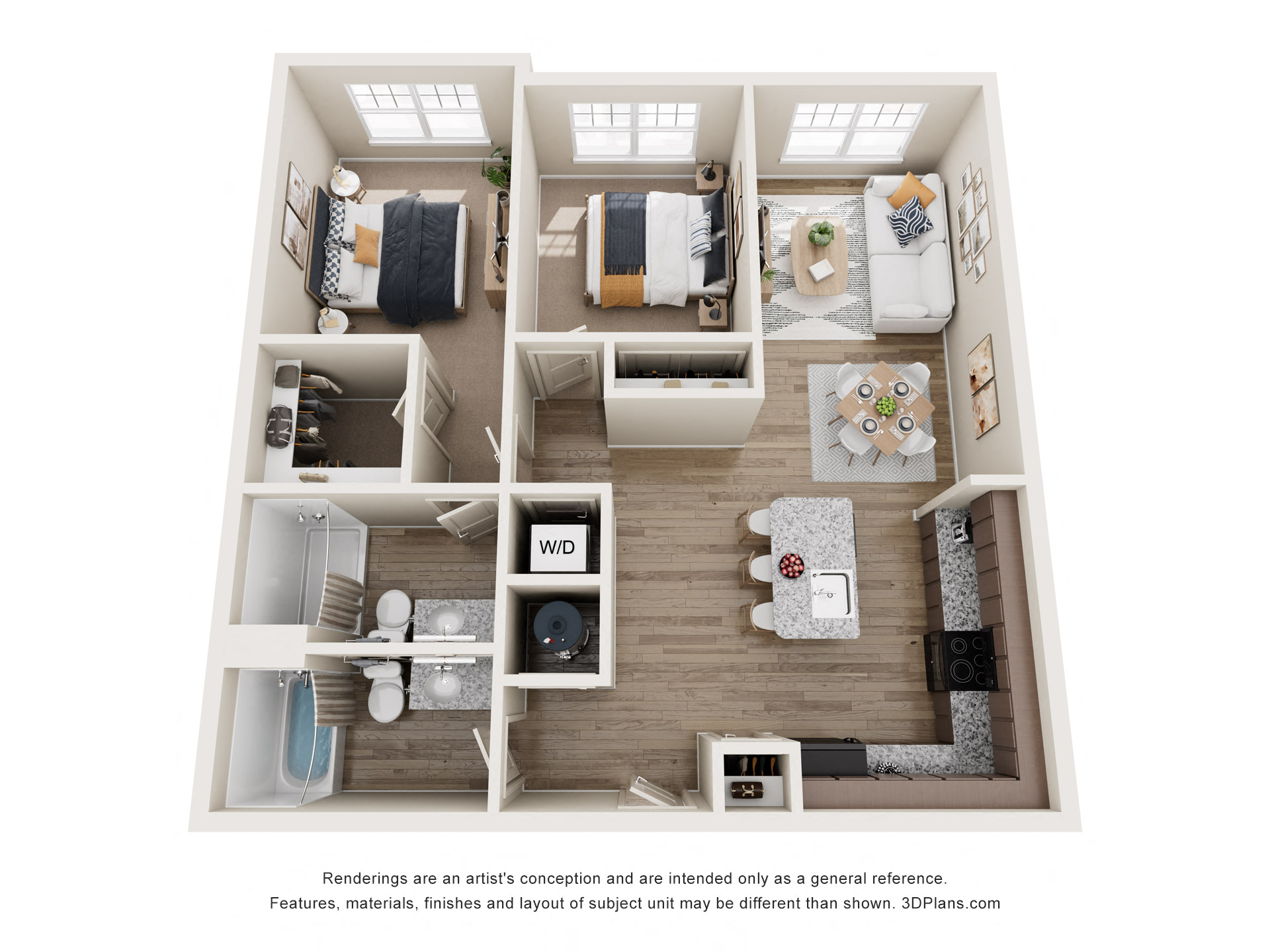 Floor plan for 2 beds, 2 baths, 982 sqft
