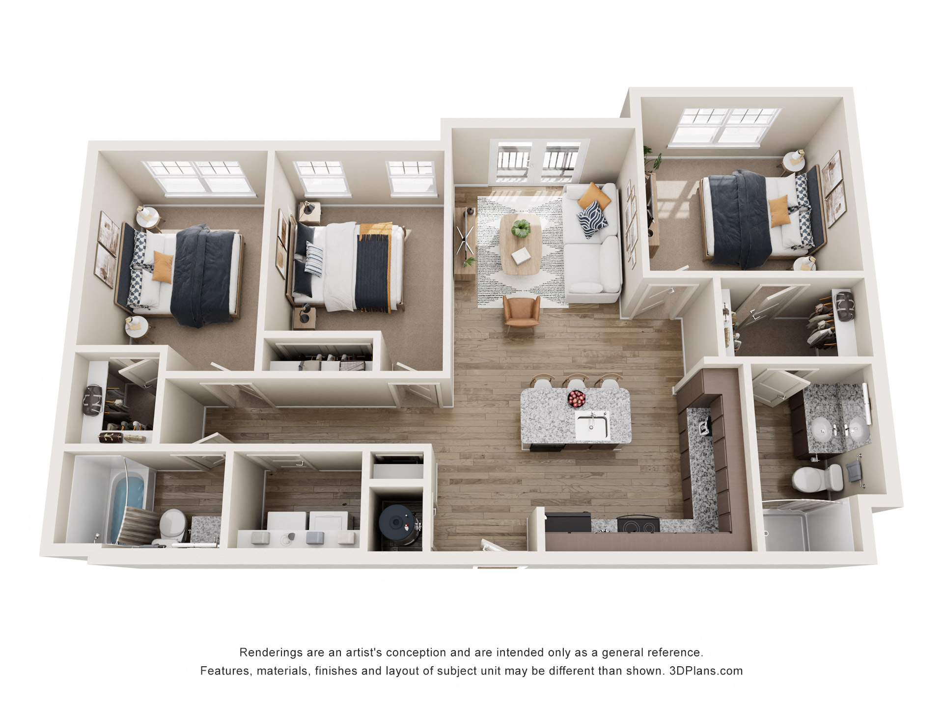 Floor plan for 3 beds, 2 baths, 1150 sqft