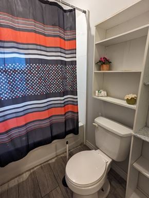 Hamilton apartment for rent - a bathroom with a shower curtain and a toilet