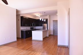Decatur apartment for rent - A kitchen with black cabinets and white countertops.