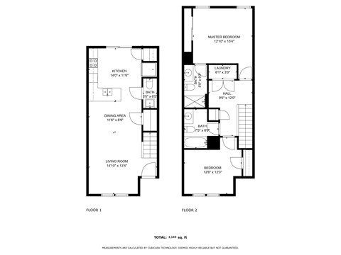 Floor plan for 2 beds, 2.5 baths, 1149 sqft