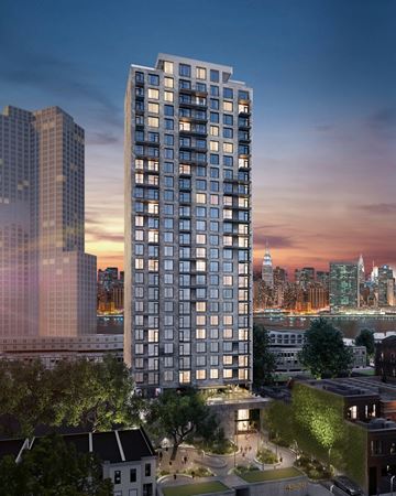 Queens apartment for rent - a rendering of a tall skyscraper with a city in the background
