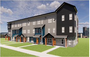 Indianapolis apartment for rent - A modern building with grey and orange accents.