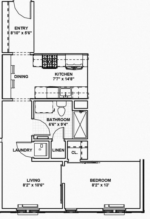 Floor plan for 1 bed, 1 bath, 520 sqft