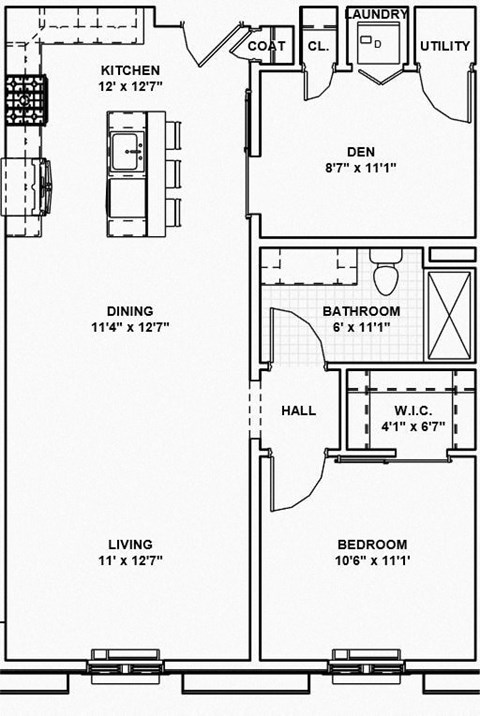 Floor plan for 1 bed, 1 bath, 820 sqft