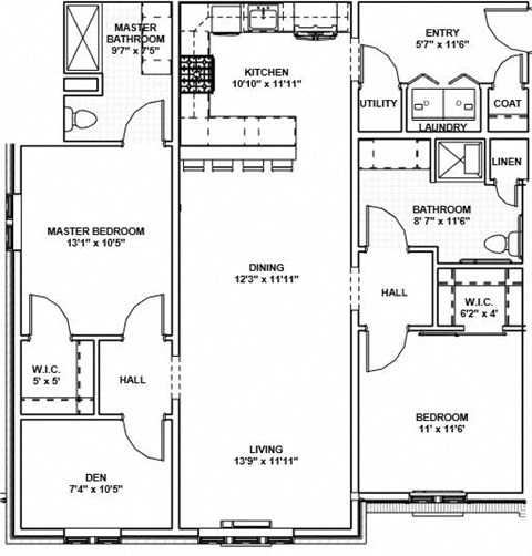 Floor plan for 2 beds, 2 baths, 1255 sqft