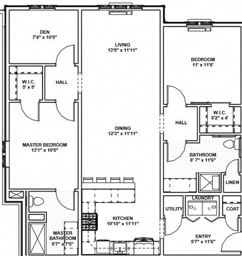 Floor plan for 2 beds, 2 baths, 1255 sqft