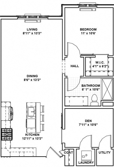 Floor plan for 1 bed, 1 bath, 780 sqft