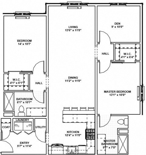 Floor plan for 2 beds, 2 baths, 1255 sqft