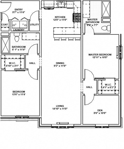 Floor plan for 2 beds, 2 baths, 1255 sqft