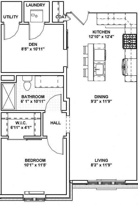 Floor plan for 1 bed, 1 bath, 780 sqft