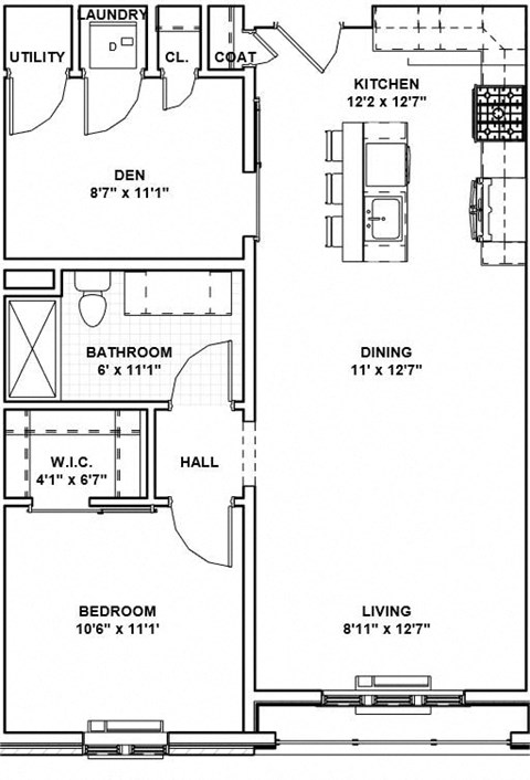 Floor plan for 1 bed, 1 bath, 792 sqft