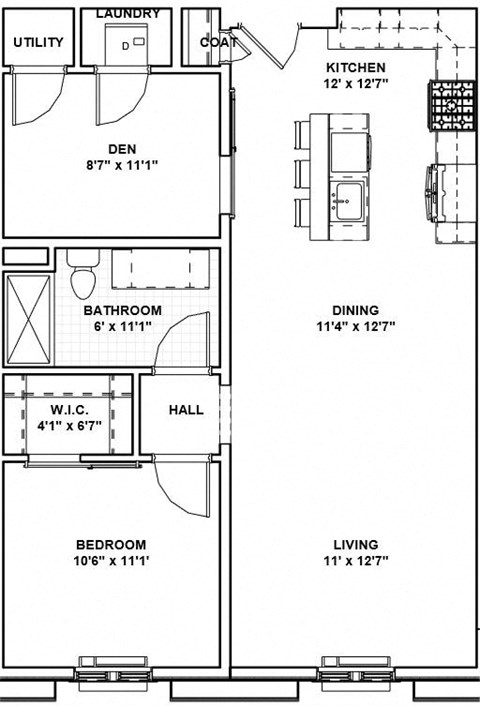 Floor plan for 1 bed, 1 bath, 820 sqft