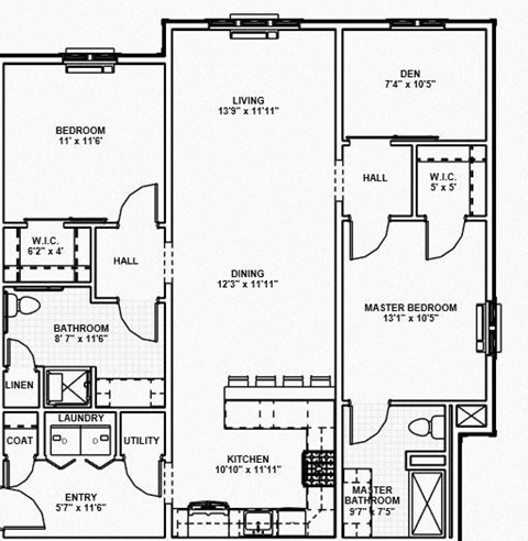Floor plan for 2 beds, 2 baths, 1255 sqft