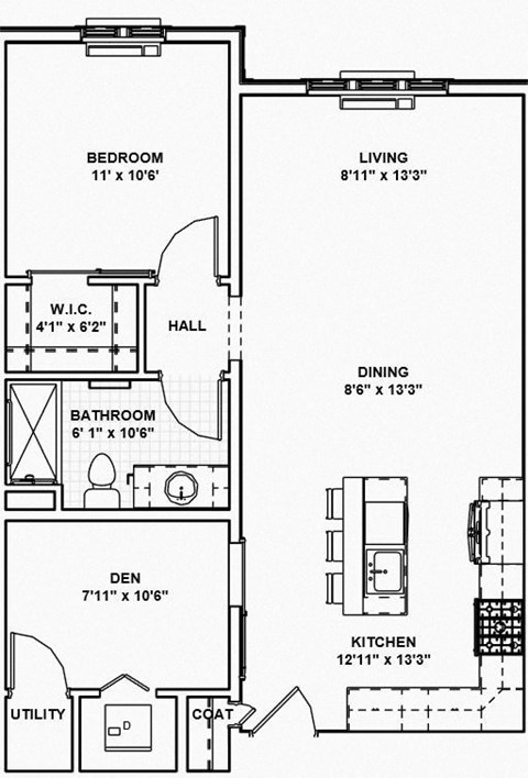 Floor plan for 1 bed, 1 bath, 780 sqft