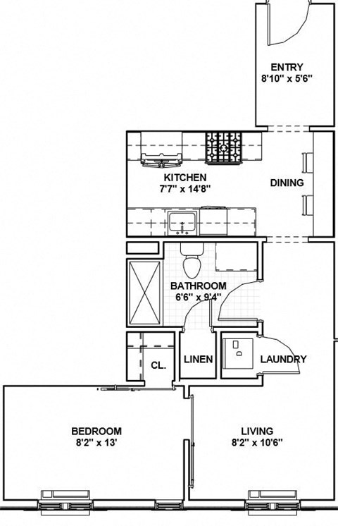 Floor plan for 1 bed, 1 bath, 520 sqft